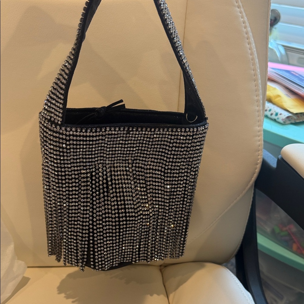 Elegant Black Rhinestone Fringe Bag